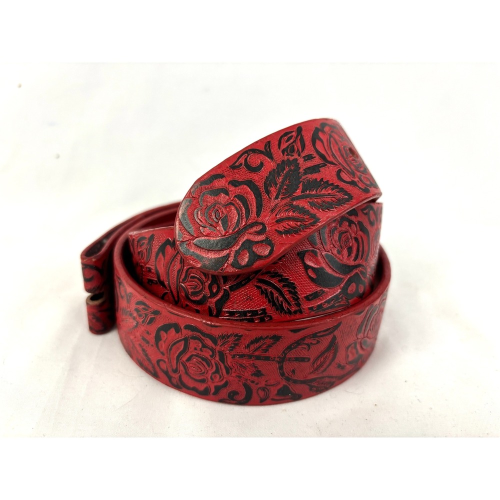 Red Floral Tooled Leather Belt Strap Only Black Rose Pattern M/L Women's Western